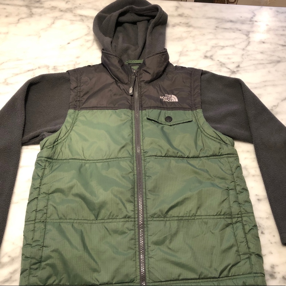 Boys North Face green & black hooded coat.